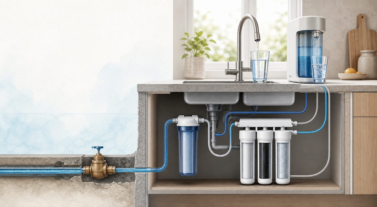 Editorial cutaway of a kitchen faucet, countertop purifier, and under-sink water filtration paths
